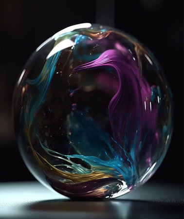Colorful soap bubble on a black background. Close-up.の素材