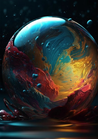 3d illustration of abstract colorful background with glass sphere and water dropsの素材