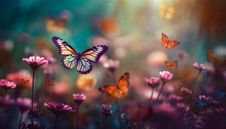 spring background. colorful flowers and butterflies. generative aiの素材