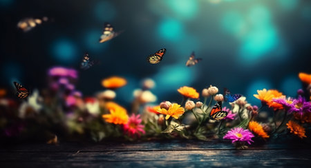 spring background. empty table, colorful flowers and butterflies. generative aiの素材