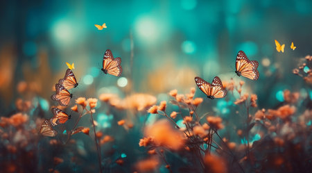 spring background. colorful flowers and butterflies. generative aiの素材