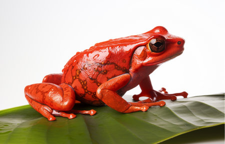 Red frog studio portrait. above the leaves on a white background. generative aiの素材