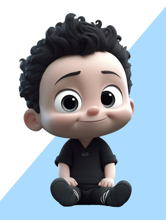 cute baby 3d character in black clothes and smiling face expression.の素材