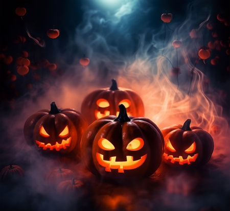 Happy Halloween. pumpkin poster with scary face. with a fantastic background. generative aiの素材