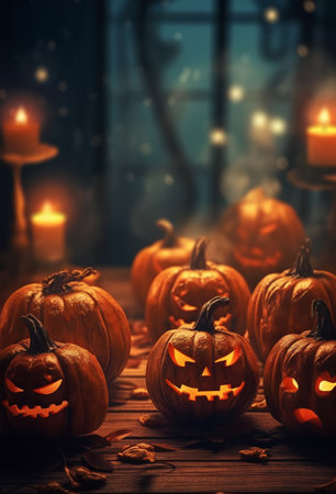 Happy Halloween posters. pumpkin wallpaper with scary face. with a fantastic background. generative aiの素材