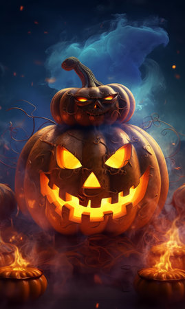 Happy Halloween posters. pumpkin wallpaper with scary face. with a fantastic background. generative aiの素材
