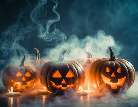 Happy Halloween. pumpkin poster with scary face. with a fantastic background. generative aiの素材