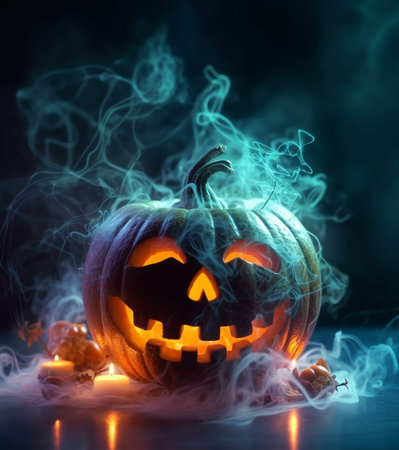 Happy Halloween. pumpkin poster with scary face. with a fantastic background. generative aiの素材