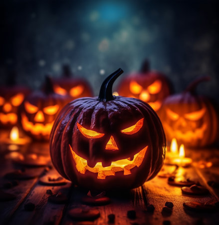 Happy Halloween. pumpkin poster with scary face. with a fantastic background. generative aiの素材