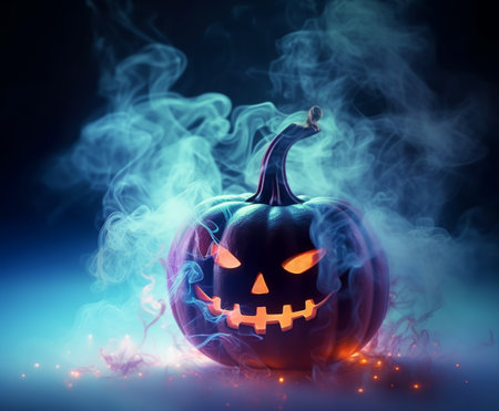 Happy Halloween. pumpkin poster with scary face. with a fantastic background. generative aiの素材