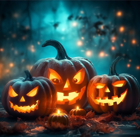Happy Halloween. pumpkin poster with scary face. with a fantastic background. generative aiの素材
