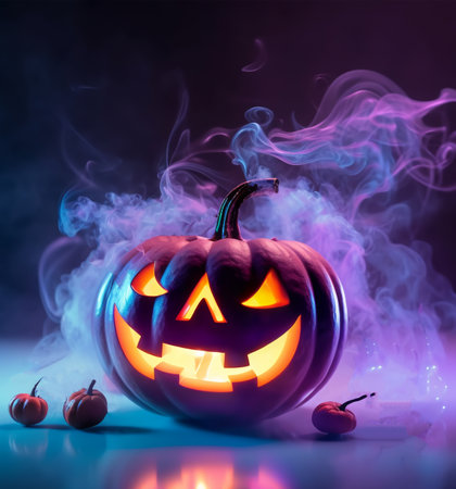 Happy Halloween. pumpkin poster with scary face. with a fantastic background. generative aiの素材