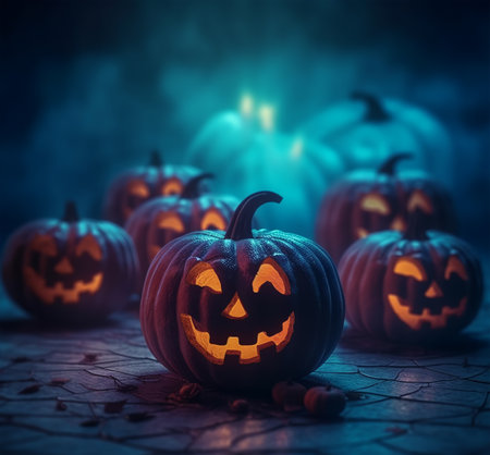 Happy Halloween. pumpkin poster with scary face. with a fantastic background. generative aiの素材