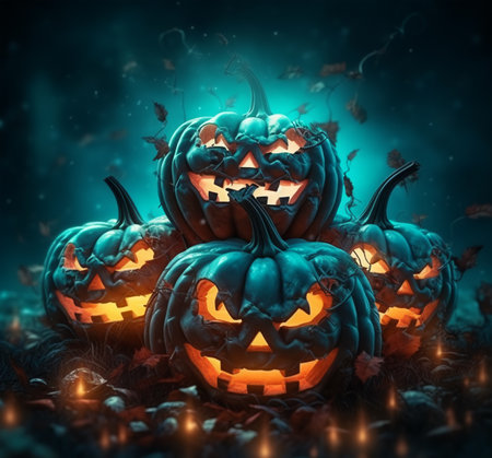 Happy Halloween. pumpkin poster with scary face. with a fantastic background. generative aiの素材