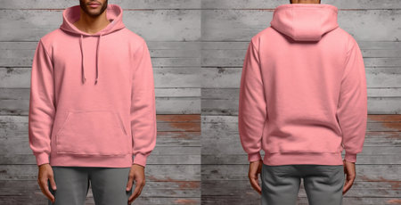 photo of pink hoodie sweater with front and back view isolated on wooden wall background. generative aiの素材