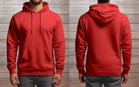 red hoodie sweater photo with front and back view isolated on wooden wall background. generative aiの素材