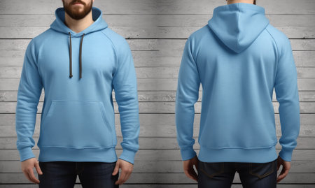 photo of blue hoodie sweater with front and back view isolated on wooden wall background. generative aiの素材