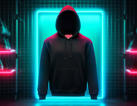 black hoodie sweater photo template with front view isolated on clothing store room background with neon light effect, genetive aiの素材