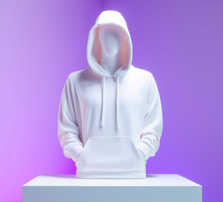 white hoodie sweater photo template with front view isolated on room background with neon light effect, genetive aiの素材