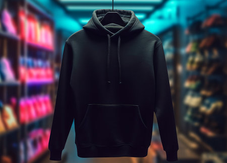 black hoodie sweater photo template with front view isolated on clothing store room background with neon light effect, genetive aiの素材