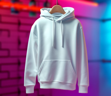 white hoodie sweater photo template with front view isolated on clothing store room background with neon light effect, genetive aiの素材