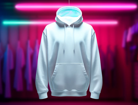 white hoodie sweater photo template with front view isolated on clothing store room background with neon light effect, genetive aiの素材