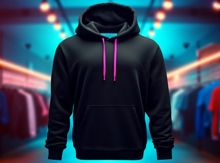 black hoodie sweater photo template with front view isolated on clothing store room background with neon light effect, genetive aiの素材