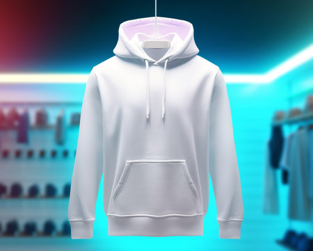 white hoodie sweater photo template with front view isolated on clothing store room background with neon light effect, genetive aiの素材