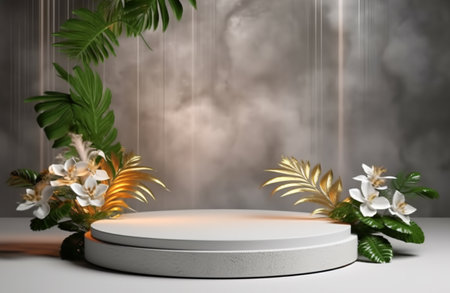luxury podium display template with leaf and flower decoration, generative aiの素材