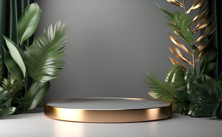 luxury podium display template with leaf and flower decoration, generative aiの素材