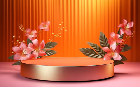 luxury podium display template with leaf and flower decoration, generative aiの素材