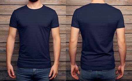 plain navy t-shirt mockup template, photo studio with male model, with view, front and back, generative aiの素材