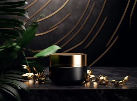 black and gold cosmetic product luxury template with plain container view. generative aiの素材