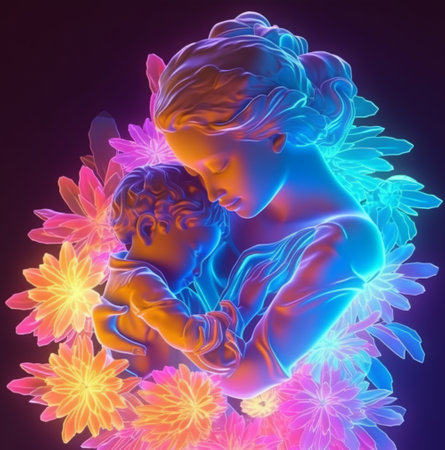 Mother and daughter 3d illustration with colorful neon glowing floral decoration, mother's day background, generative aiの素材