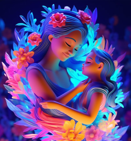 Mother and daughter 3d illustration with colorful neon glowing floral decoration, mother's day background, generative aiの素材