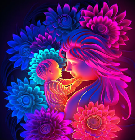 Mother and daughter 3d illustration with colorful neon glowing floral decoration, mother's day background, generative aiの素材