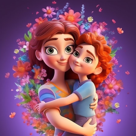 Mother and daughter 3d illustration with colorful floral decoration, mother's day background, generative aiの素材