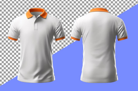 plain white polo shirt mockup design. with an orange collar. front and rear view. isolated on transparent background. generative aiの素材