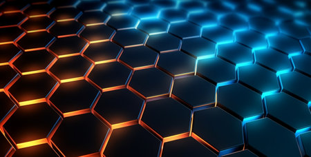hexagon geometric pattern background with luminous effect, generative aiの素材