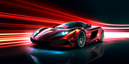 Elegant performance red sports car with fantastic light effect background, generative AIの素材