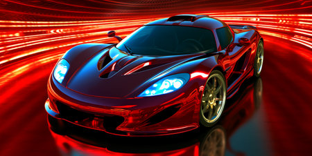 Elegant performance red sports car with fantastic light effect background, generative AIの素材