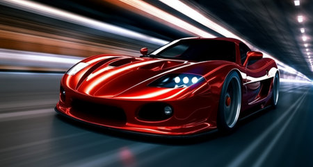 Elegant performance red sports car with fantastic light effect background, generative AIの素材
