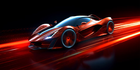 Elegant performance red sports car with fantastic light effect background, generative AIの素材