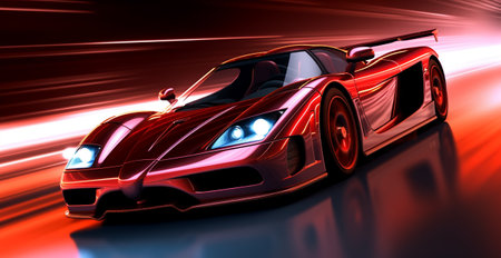 Elegant performance red sports car with fantastic light effect background, generative AIの素材