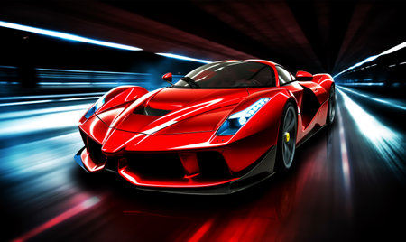 Elegant performance red sports car with fantastic light effect background, generative AIの素材