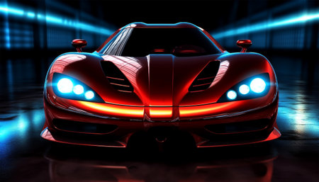 Elegant performance red sports car with fantastic light effect background, generative AIの素材