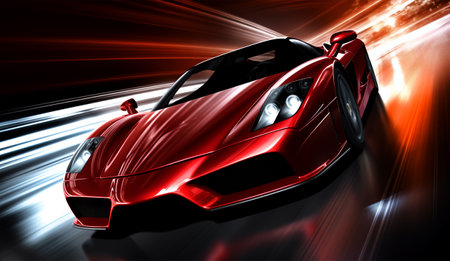 Elegant performance red sports car with fantastic light effect background, generative AIの素材