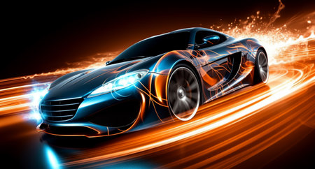 black sports car wallpaper with fantastic neon light effect background. generative aiの素材
