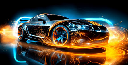 black sports car wallpaper with fantastic neon light effect background. generative aiの素材