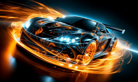 black sports car wallpaper with fantastic neon light effect background. generative aiの素材